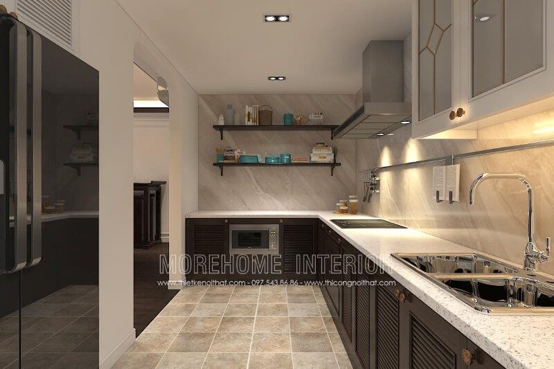 .
Gia chủ đã lựa chọn ốp đá nhân tạo cao cấp để trang trí nội thất phòng bếp với tủ bếp hiện đại, giúp cho người nấu có thể dễ dàng lau chùi và vệ sinh hơn.