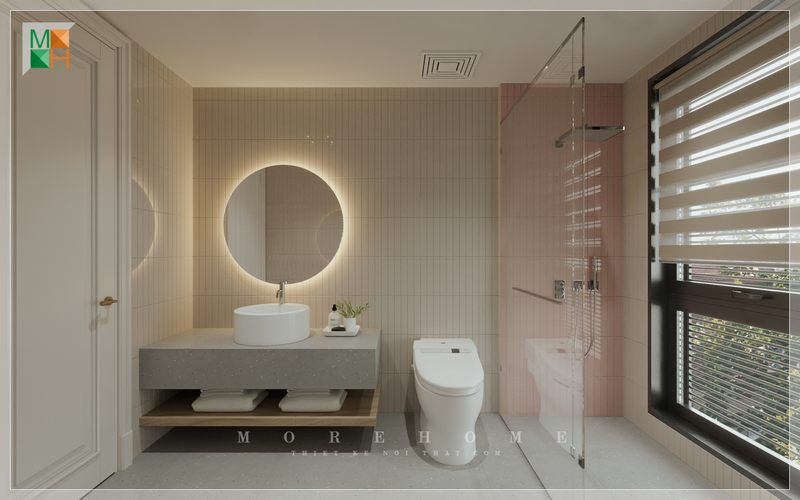 Gương phòng tắm treo tường tròn với đèn leb hiện đại giúp gia chủ thoải mái thêm sự thẩm mỹ cao cho không gian.