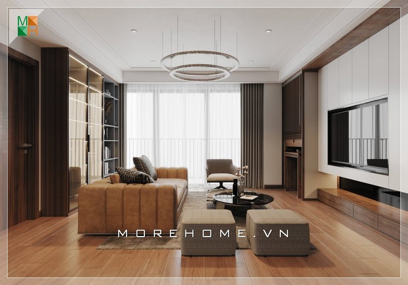 Sofa văng bọc da màu cam, ghế đơn và đôn sofa bọc nỉ màu nâu được kết hợp hài hòa nhau, tạo nên một không gian phòng khách trẻ trung, hiện đại.