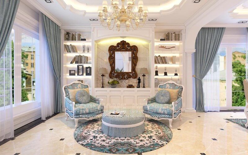 Sofa đơn Tân cổ điển với vẻ đẹp tự nhiên của gỗ tự nhiên sơn trắng, bọc nỉ hoa văn màu xanh, mang đến cho phòng sinh hoạt chung một cảm giác nhẹ nhàng và hài hòa.